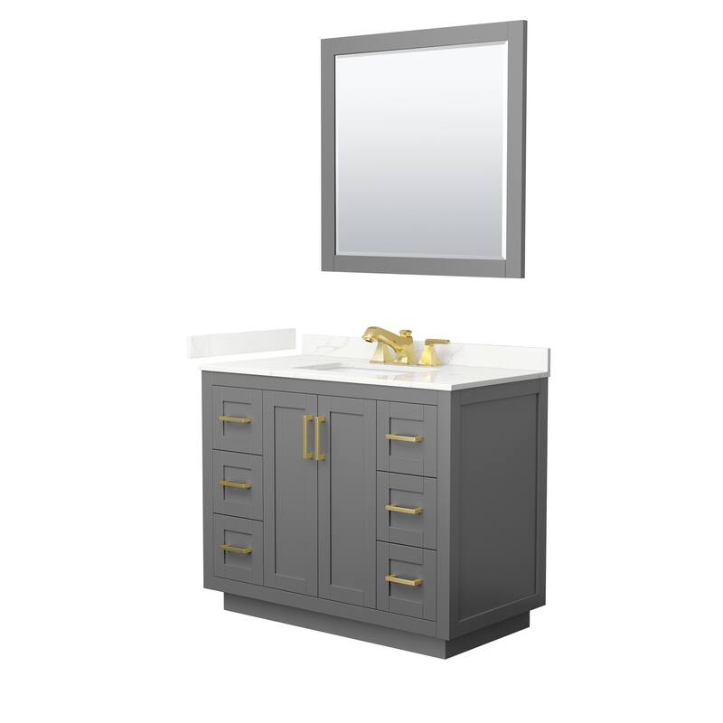 Miranda 42-inch Single Vanity, Quartz Top, 34-inch Mirror - Dark Gray, Gold Trim, Giotto Quartz Top