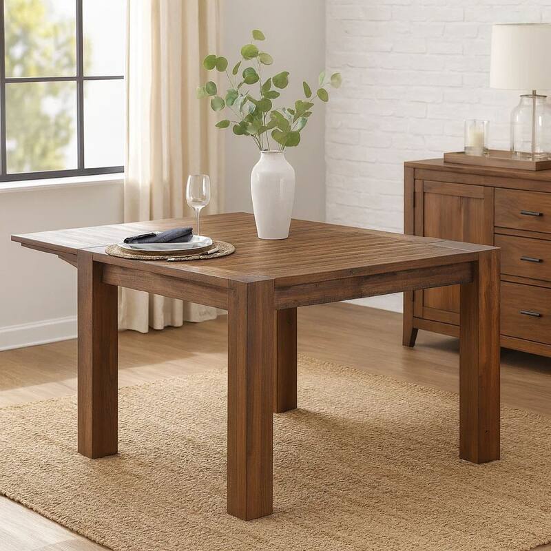 63-95 Inch Pim Acacia Wood Dining Table, 2 Extension Leaves, Walnut Brown