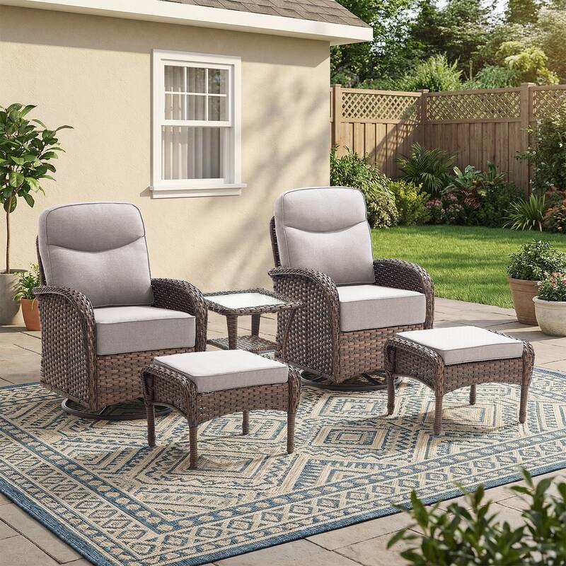 Pocassy Outdoor Sofa Swivel Chair and Ottman with Coffee Table - Brown Wicker Beige Cushion - 5-Piece Swivel Chair with Ottoman