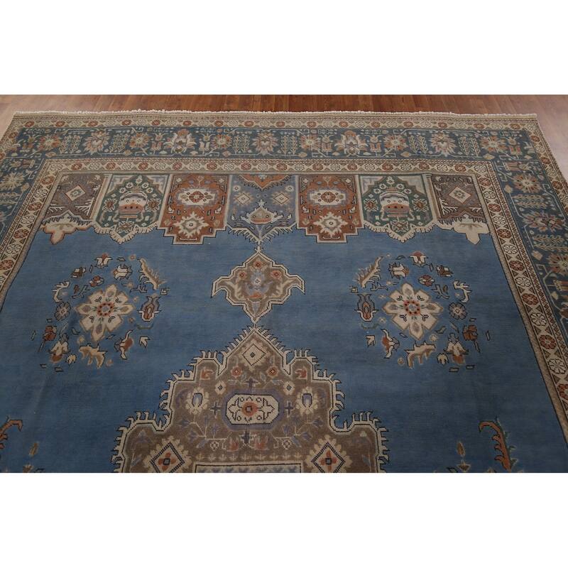 Blue Geometric Tabriz Persian Vintage Rug Hand-Knotted Wool Carpet - 9'6" x 13'1"
