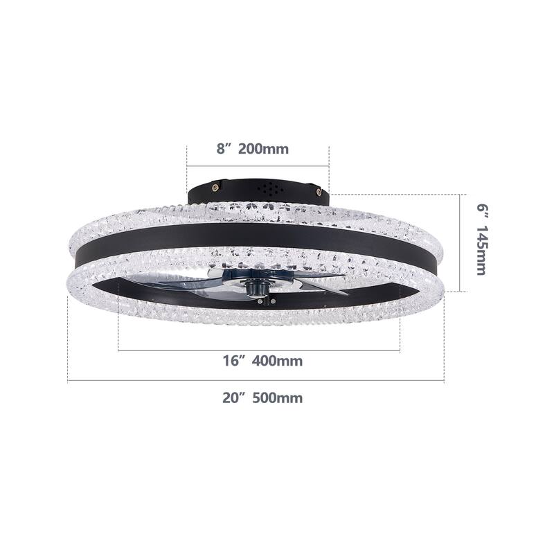 20" Luxury Double Ring LED Ceiling Fan with Light - Modern Flush Mount Design, Hidden Blades, Dimmable Lighting