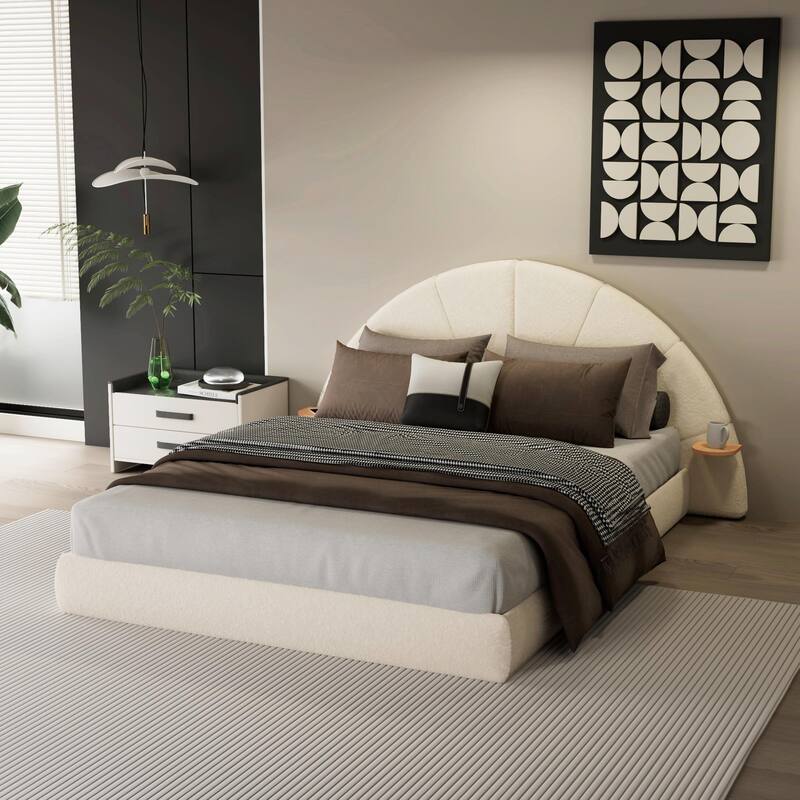 Unique Arched Bouclé Bed with Attached Small Table