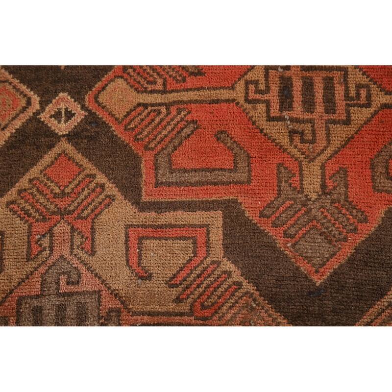 Brown Tribal Ardebil Persian Vintage Runner Rug Handmade Wool Carpet - 3'7"x 9'6"