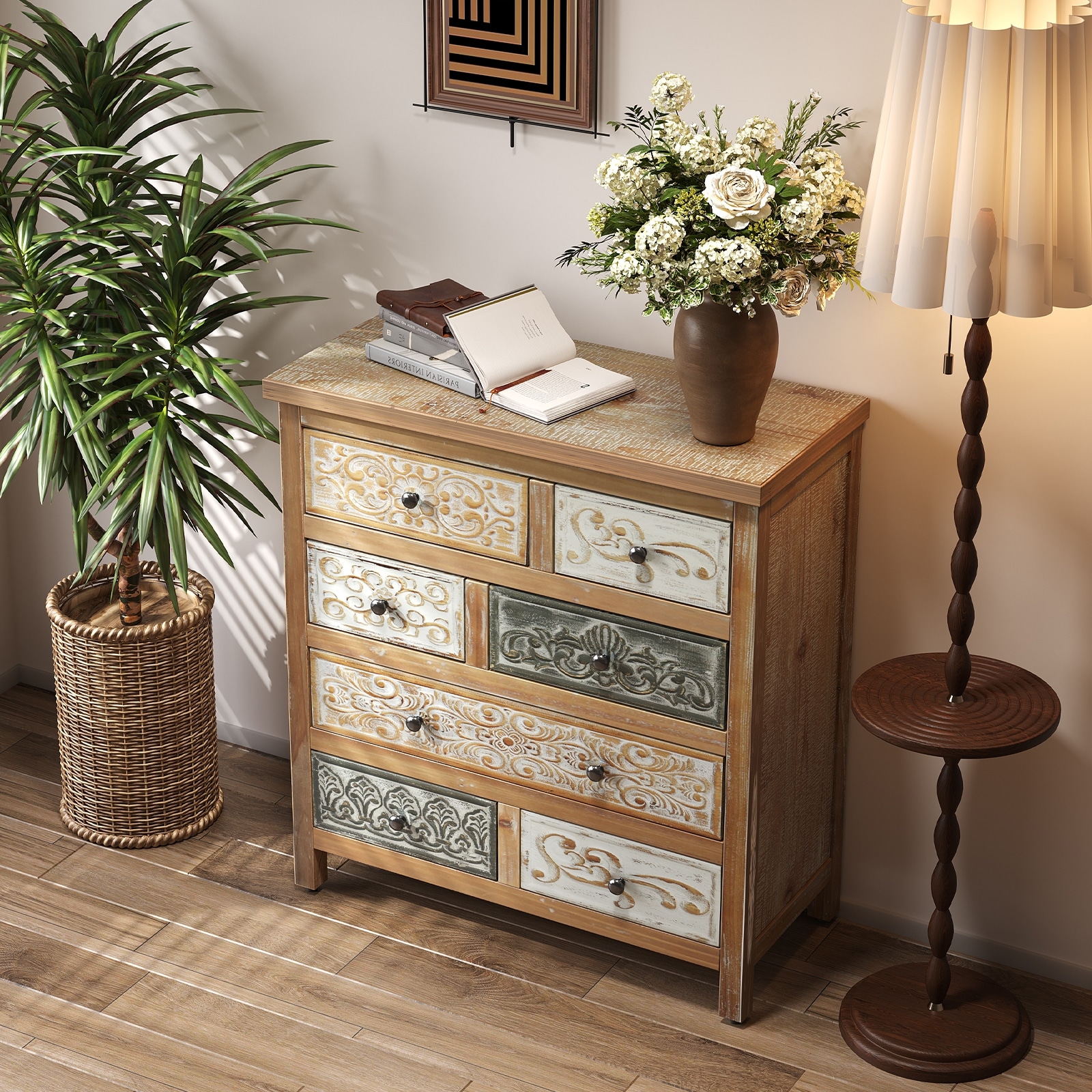 Vintage Wooden Accent Chest with 6 Drawers, Rustic Multicolor Carved Storage Dresser