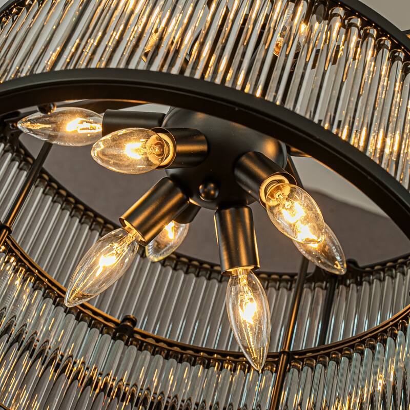 CraftHome Modern Glam Antique Bronze/Matte Black Glass Drum Flush Mount Contemporary Ceiling Light For Living Room Dining Room