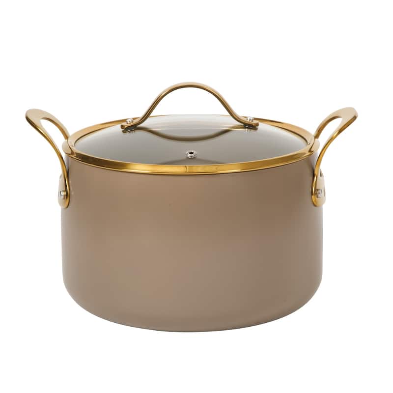 Bloomhouse Pots and Pans Heavy Duty Aluminum Premium PFA Free Ceramic Nonstick - Cappucino Cream with Gold Handle - 14.37" x 13.39" x 8.27"