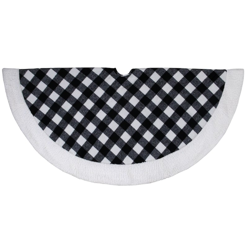 48" Black White Buffalo Plaid Christmas Tree Skirt with Sherpa Trim