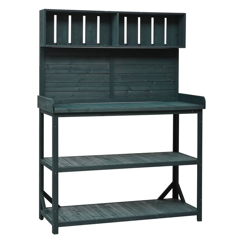 65" Large Wooden Farmhouse Rustic Outdoor Potting Bench Table, Patio Workstation with 4 Storage Shelves and Side Hook