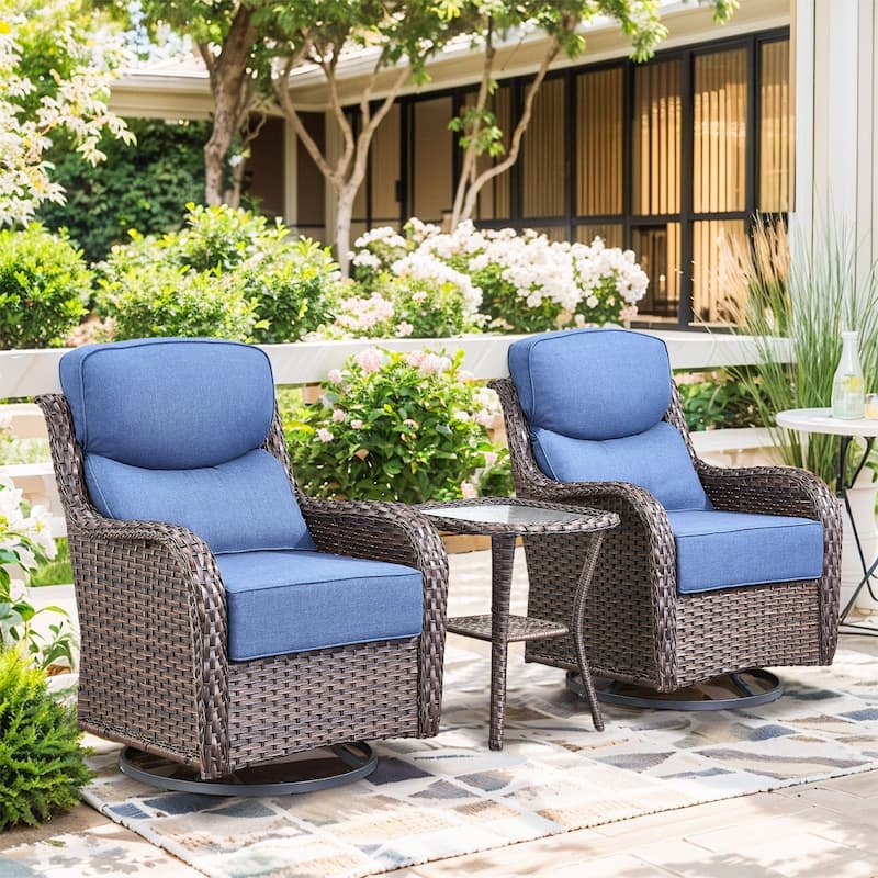 Outdoor Swivel Chairs with 6-Inch Thick Cushions for Garden - Brwon Wicker Blue Cushion - 3PCS Swivel Chair w/ Table