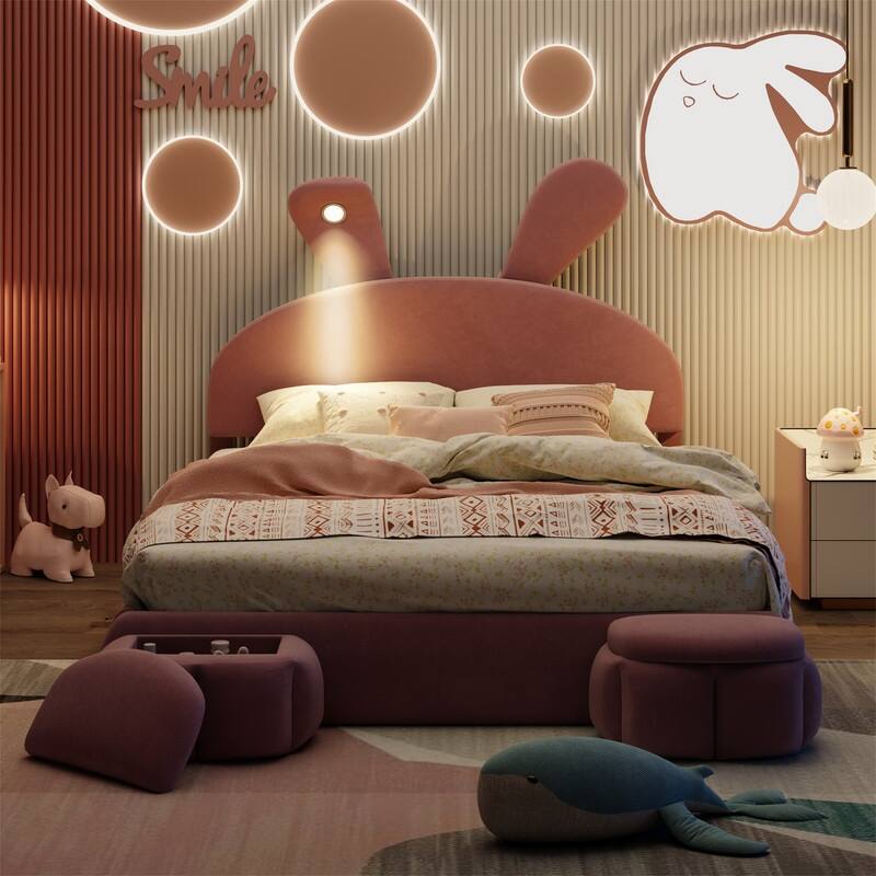 Twin/Full Size Upholstered Platform Bed w/Cartoon Ears Shaped Headboard & Light, Cartoon Twin Bed Frame w/2 Small Storage Stools