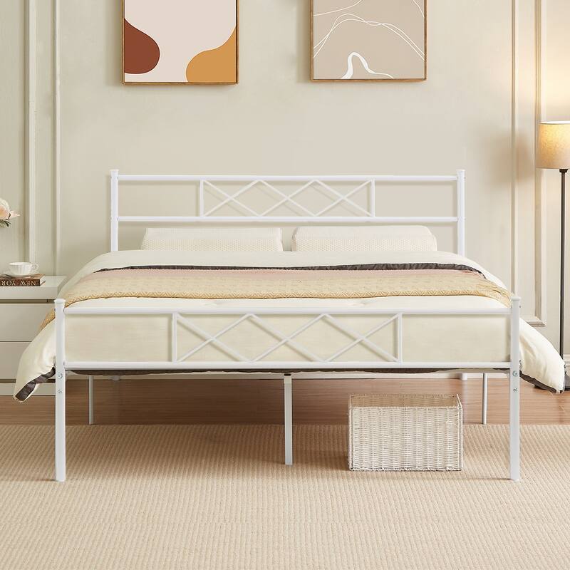 Javlergo Modern Metal Platform Bed Frame with Headboard, No Box Spring Needed, Easy Assembly - White - Queen