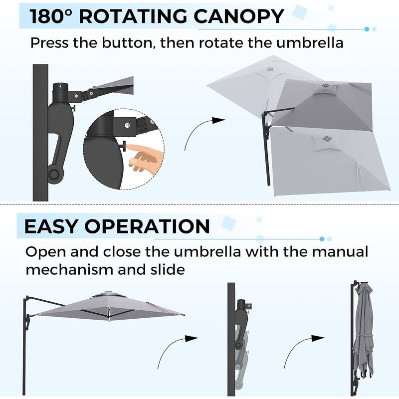 AECOJOY 10ft Solar LED Wall Mounted Outdoor Patio Umbrella, Rectangular Large Offset Cantilever Umbrellas with 180° Rotation