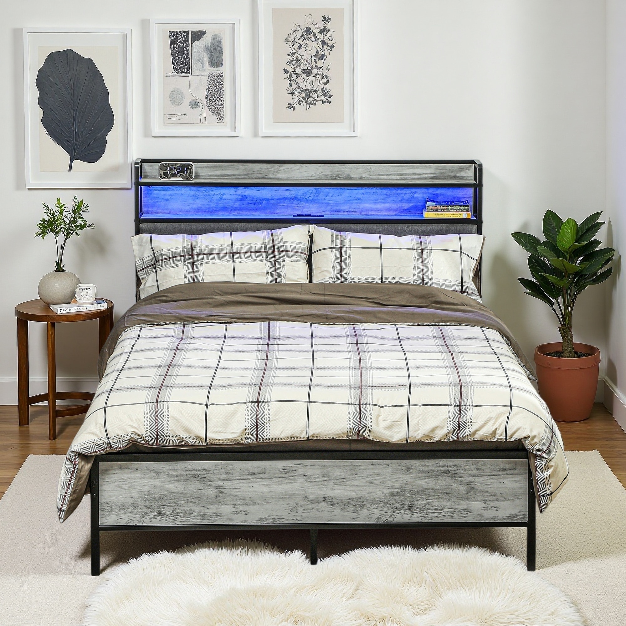 Full Size Steel Platform Bed Frame with LED Lights, Charging Station, and Storage Headboard