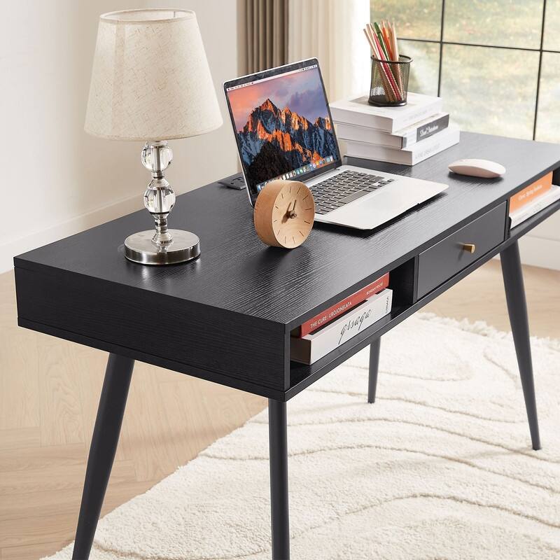 Mid-Century Modern Office Desk with Built-In Charging Station & Storage Drawers