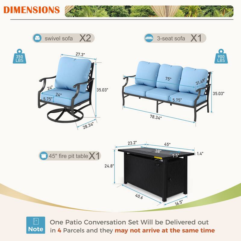 MAISON ARTS Outdoor Sofa Set 4/6-Piece Patio Conversation Set with 45'' Gas Fire Pit Table