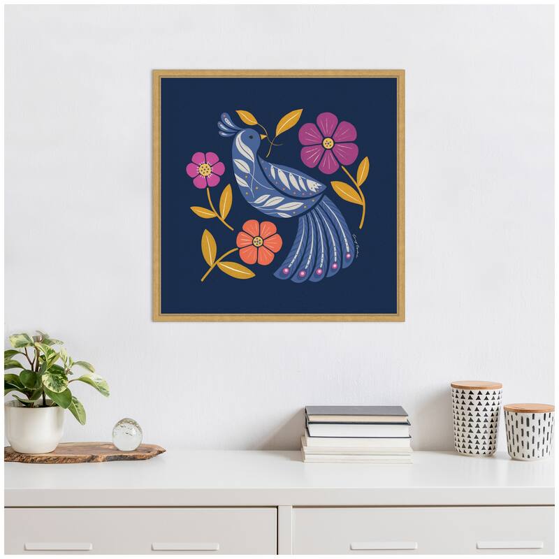 Kate and Laurel Sylvie Boho Folk Art Bird Blue and Gold Framed Canvas by Carey Copeland