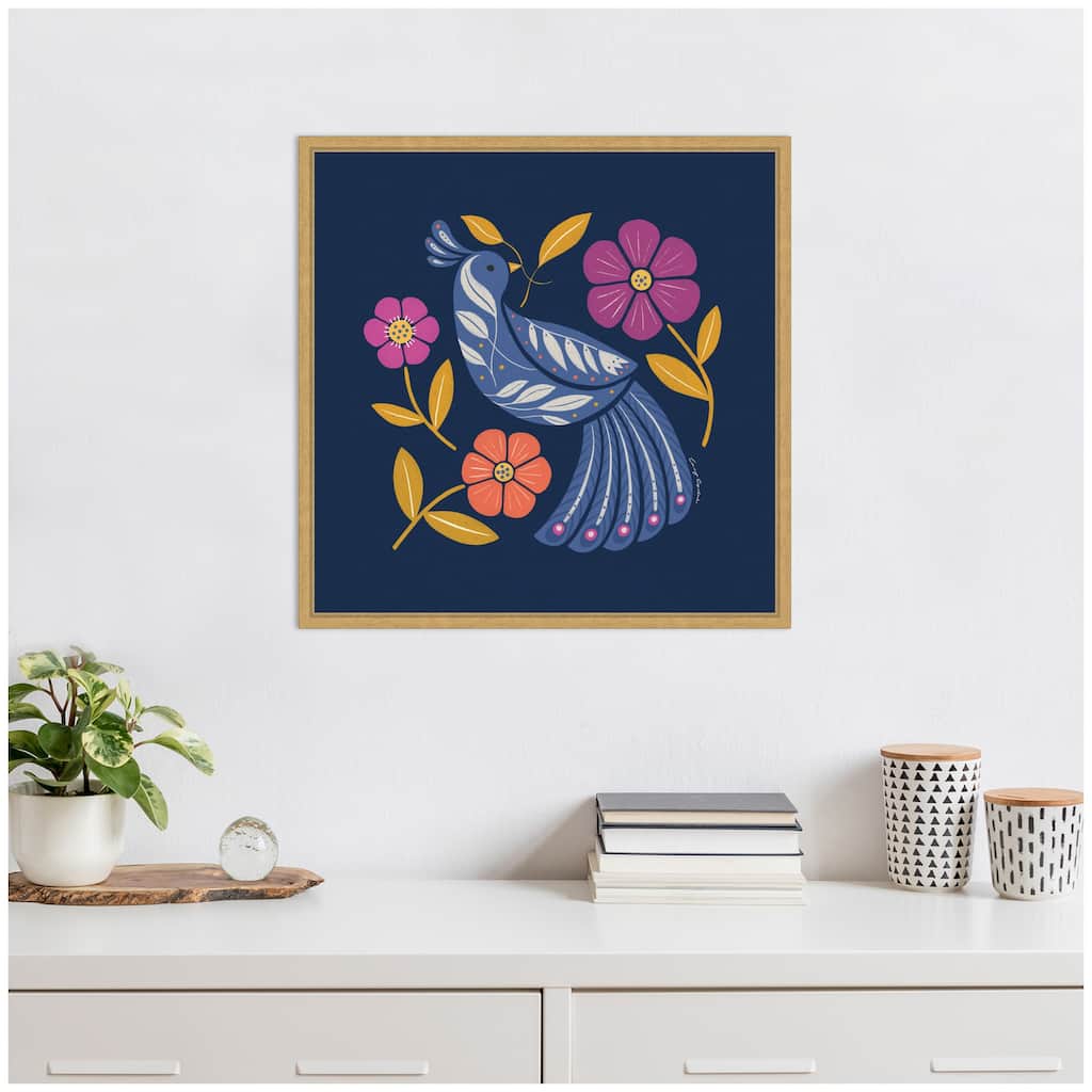 Kate and Laurel Sylvie Boho Folk Art Bird Blue and Gold Framed Canvas by Carey Copeland