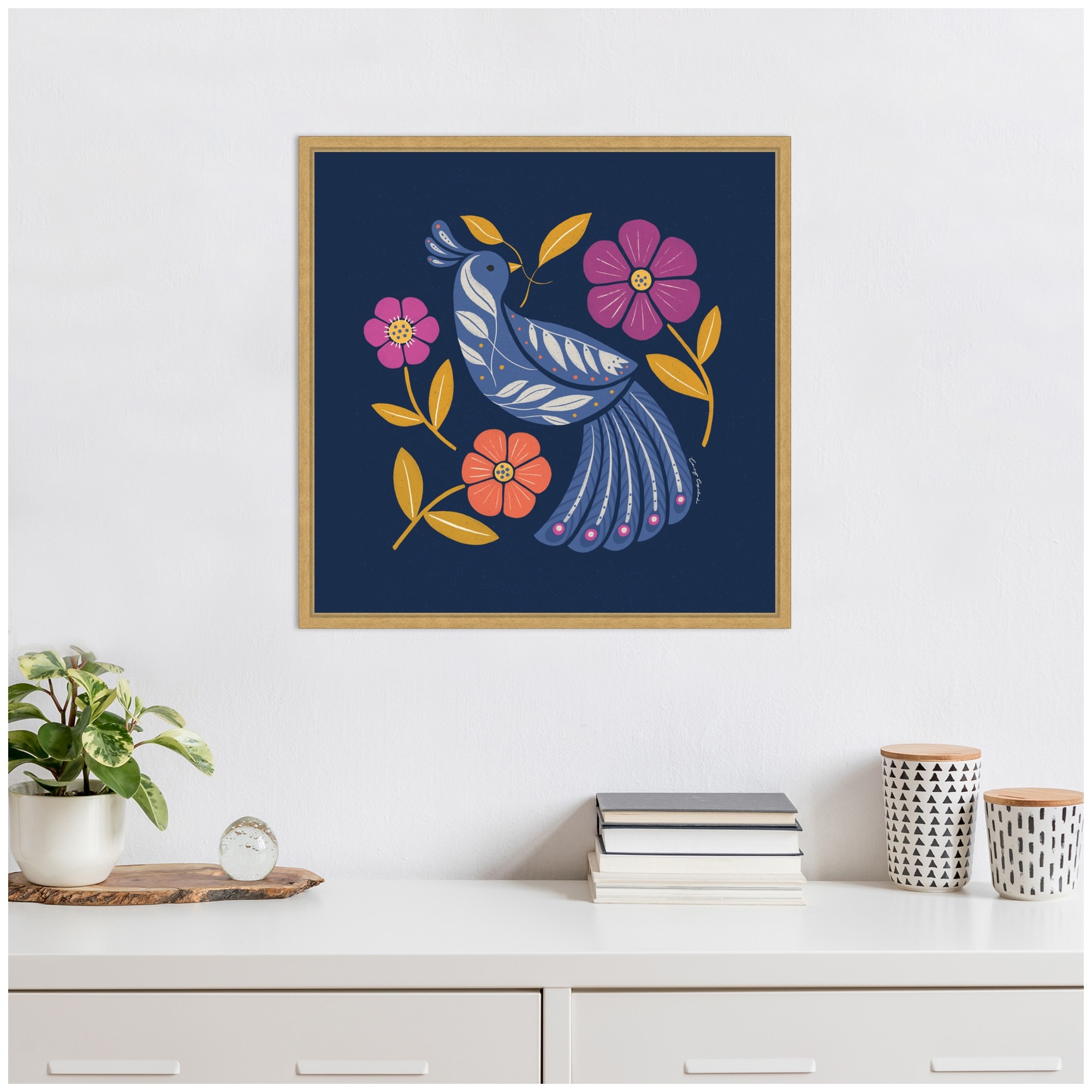 Kate and Laurel Sylvie Boho Folk Art Bird Blue and Gold Framed Canvas by Carey Copeland