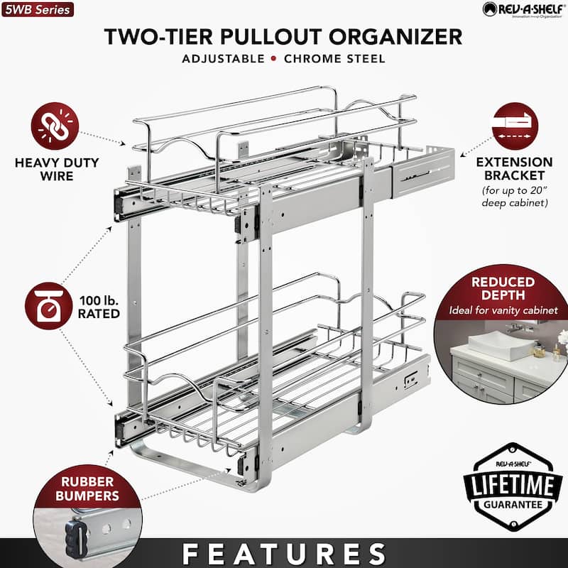 Rev-A-Shelf Pullout 2-Tier Basket Organizer for Kitchen Cabinets, 9 x 22 In, 5WB2-0922CR-1
