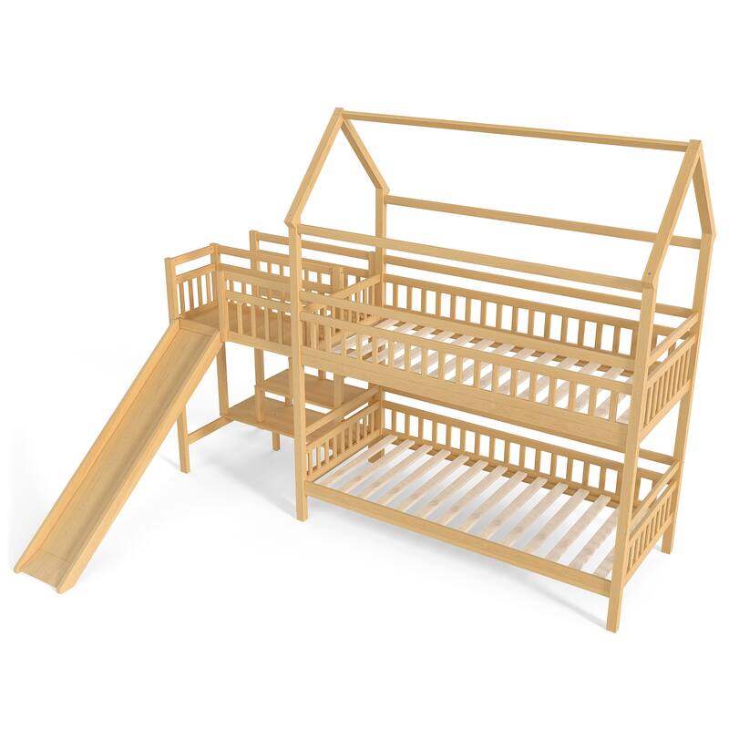 House-shaped Bunk Bed Playful Kids Bed Frame with Storage Stairs, Slide and 2 Placement Methods for Boys and Girls