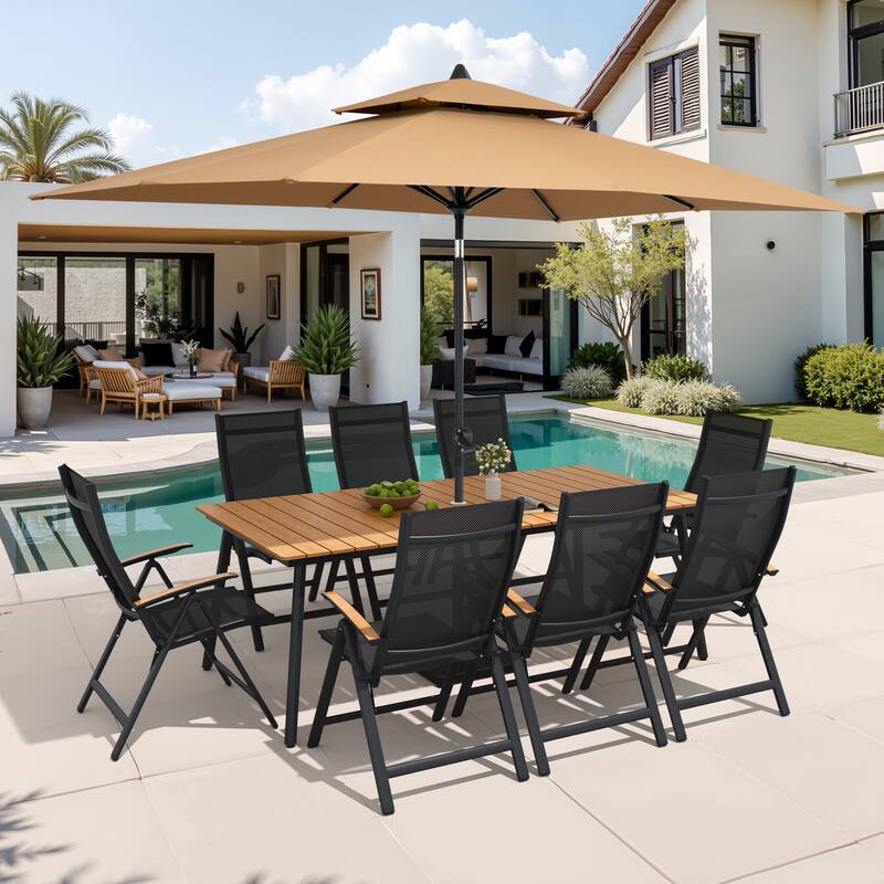 9/11-Piece Outdoor Aluminum Patio Dining Set w/10 ft Umbrella and Base, Rectangle Table and Folding Chairs - Set of 11 - Brown Table with Tan Umbrella