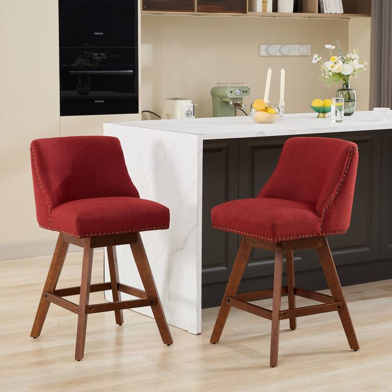 Counter Height Bar Stools Set of 2, Swivel Bar Stools with Curved Back, Upholstered Dining Chairs with Solid Wood Legs