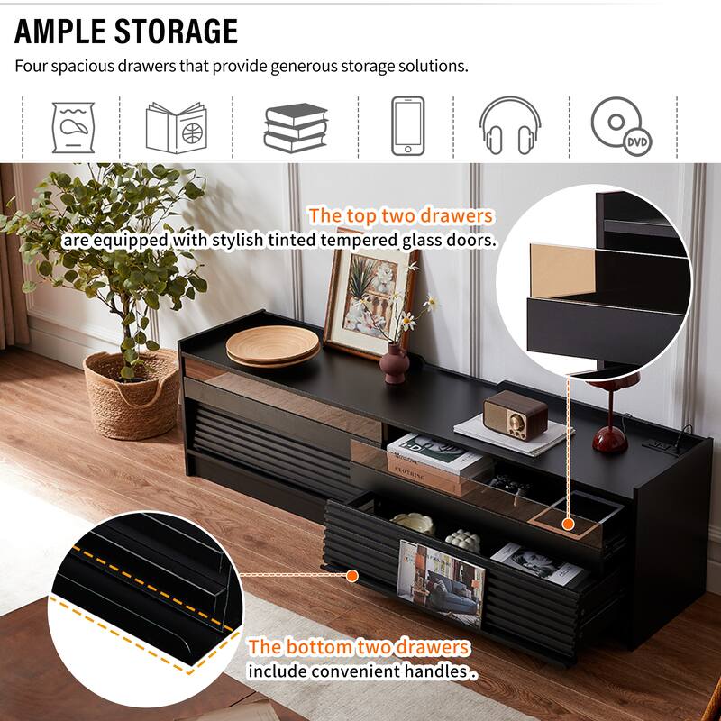 Anmytek Modern TV Stand 4 Drawers Tempered Glass Charging Ports LED Lighting Living Room Media Console
