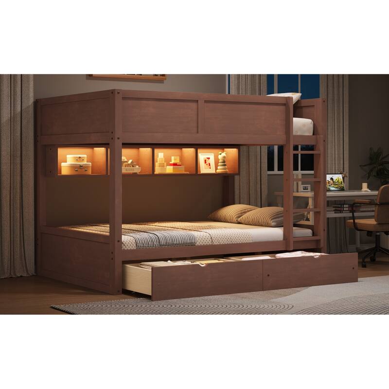 Wooden Full XL Over Full XL Bunk Bed with Storage Cabinets Built-in LED Lighting and 2 Pull-out Storage Drawers