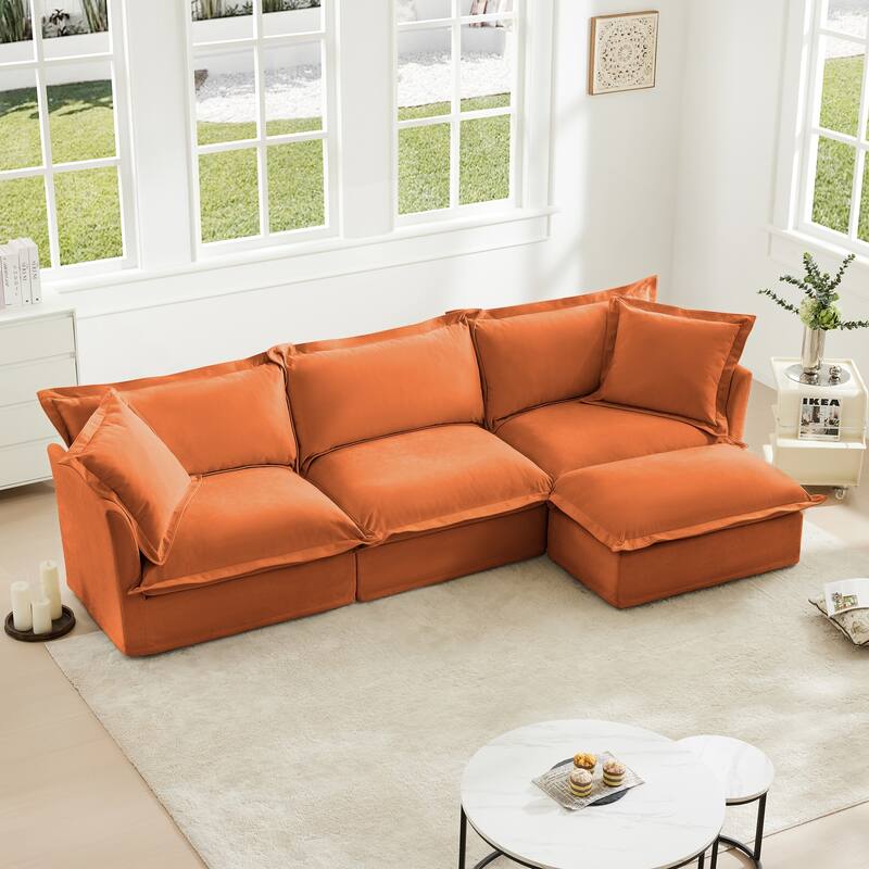 Modern L-Shaped Sectional Sofa Couch with Ottoman & 2 Big Pillows - Orange