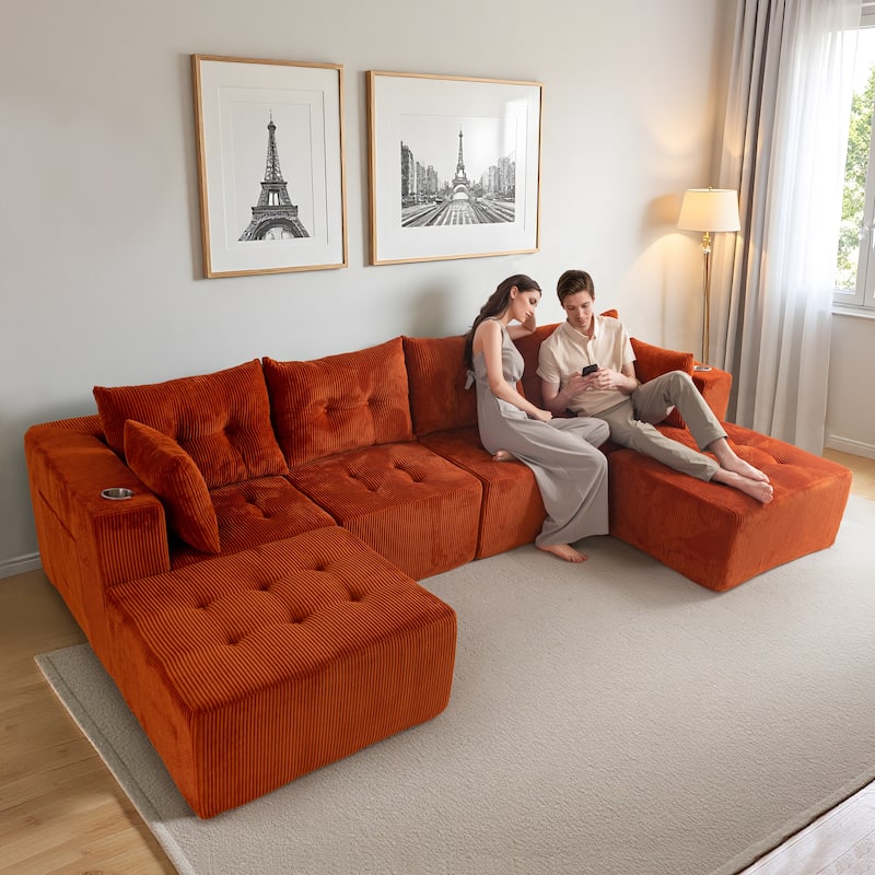 Modular 6-Seat U Shaped Sectional Sofa - 64.5"D x 129.5"W x 26.3"H