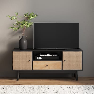 Nathan James Bonnie TV Stand With Natural Rattan Doors, Drawer, and Open Cubby