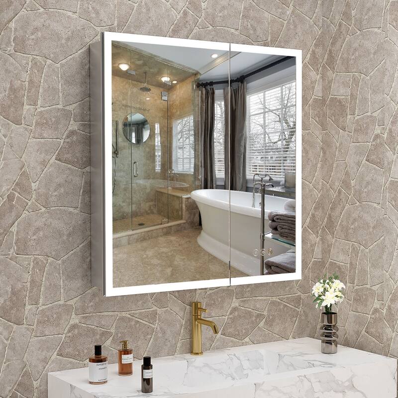 GDFStudio Elowen Aluminum Glass LED Medicine Cabinet with Anti-Fog Storage - 30*32 - Silver