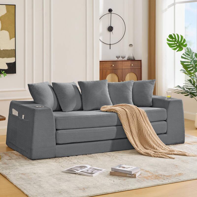 2 in 1 Convertible Sofa Bed, Sleeper Sofa with Storage Pockets, Pull Out Loveseat Couch with Two Cup Holders