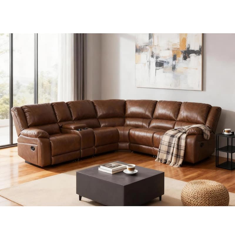 6PCS, 2 Manual Recliners, Faux Leather Reclining Sectional with Center Console - Light Brown