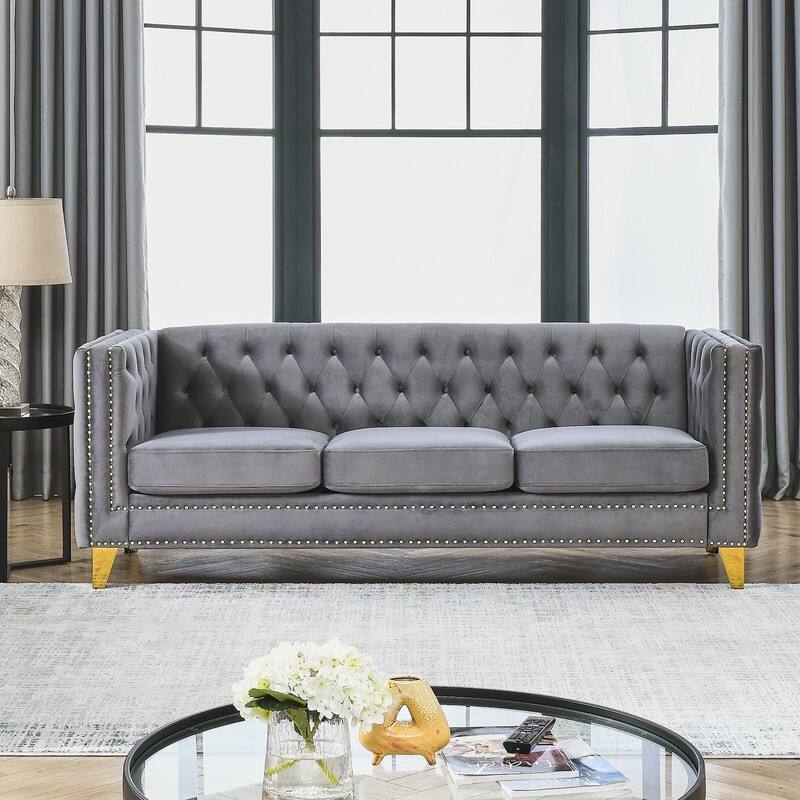 Luxury Velvet Upholstered Tufted Sofa with Arms,Living Room Couches with Metal Legs