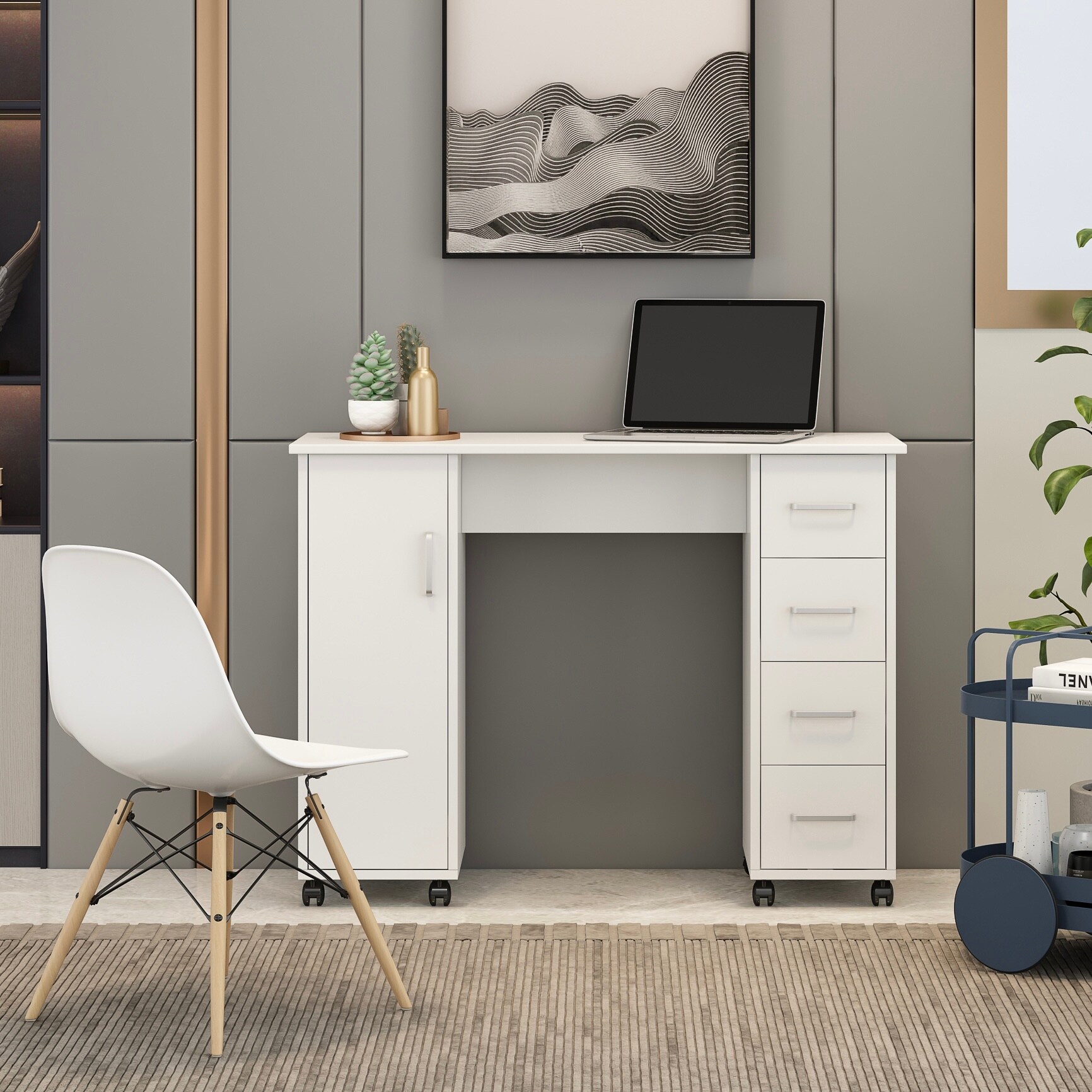 Home Office Computer Desk With 4 White Drawers and a Locker