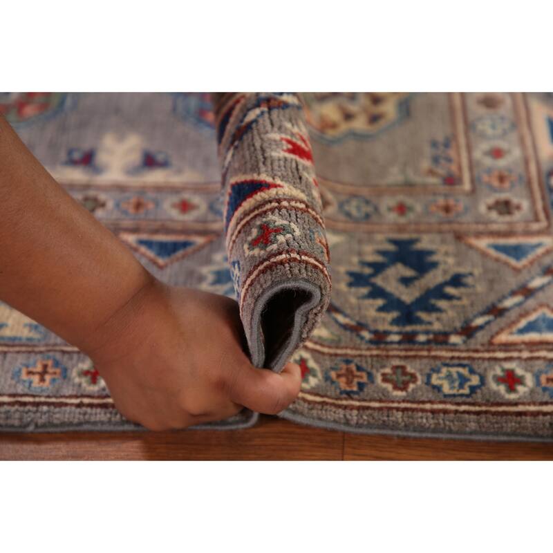 Geometric Kazak Oriental Accent Rug Hand-Knotted Grey Wool Carpet - 2'7"x 4'1"