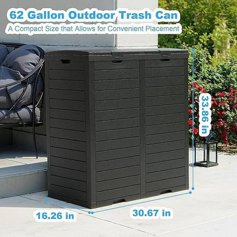 62 Gallon Outdoor Trash Can with Laminated Lid and Drip Tray Waterproof Outdoor Trash Can for Patios, Backyards