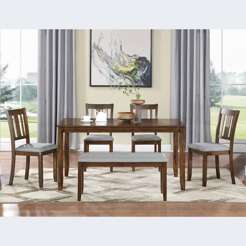 6 Piece Kitchen Dining Table Chairs Set Wooden Rectangular Casual Dining Table with 4 Upholstered Dining Chairs and Bench