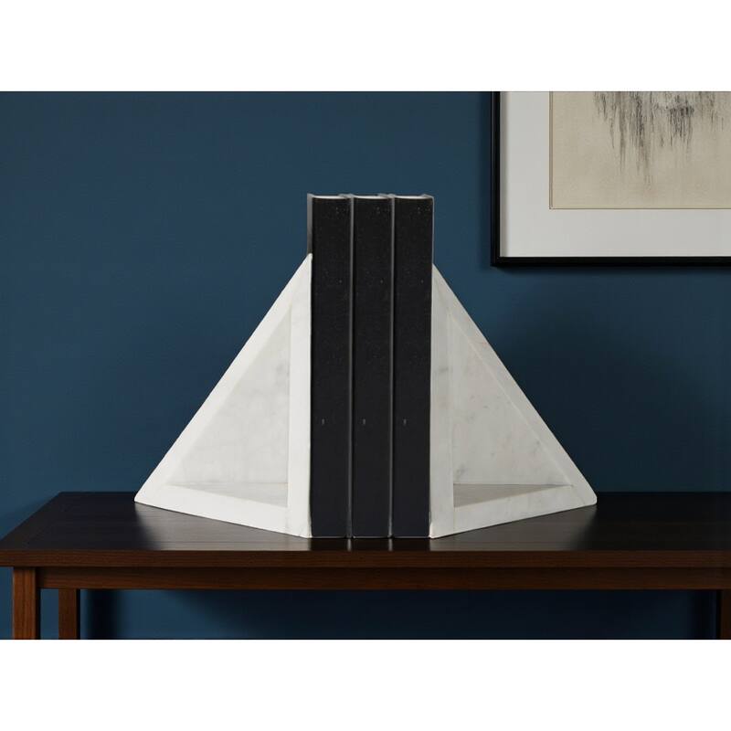 HomeRoots Set of Two White Marble Triangle Decorative Bookends - 7" H x 6" W x 8" D