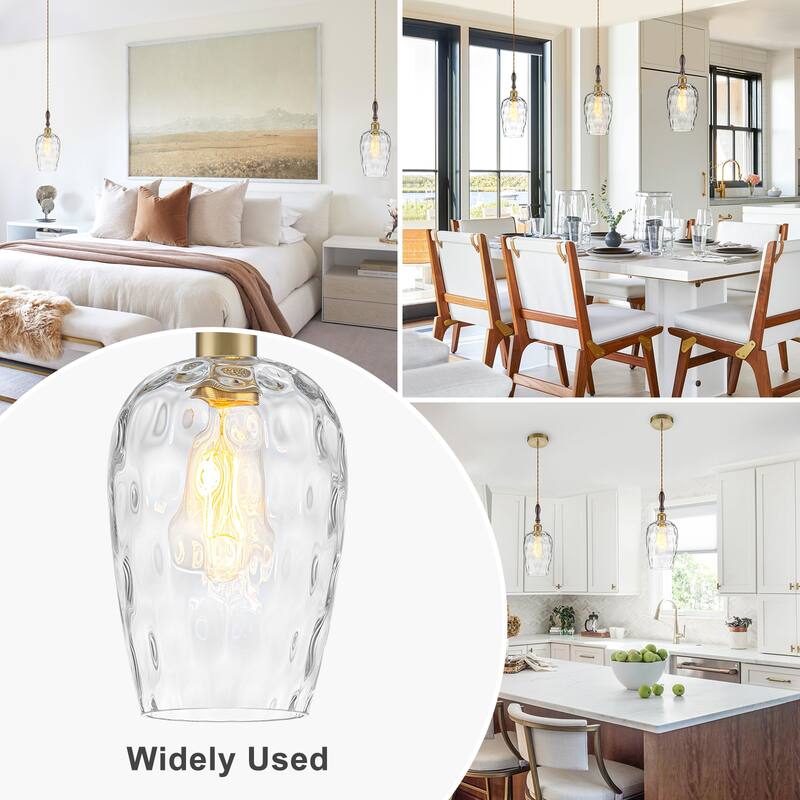 Modern 1-Light Brass Pendant Hammered Glass Shade Kitchen Lighting - Dia.6-in