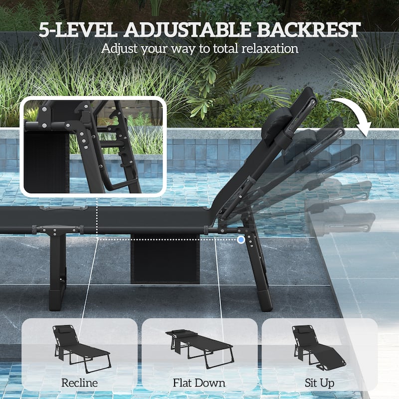 Outsunny Chaise Lounge Chair Outdoor, 5-Position Reclining Pool Lounge Chair with Cushion, Side Pocket, Headrest