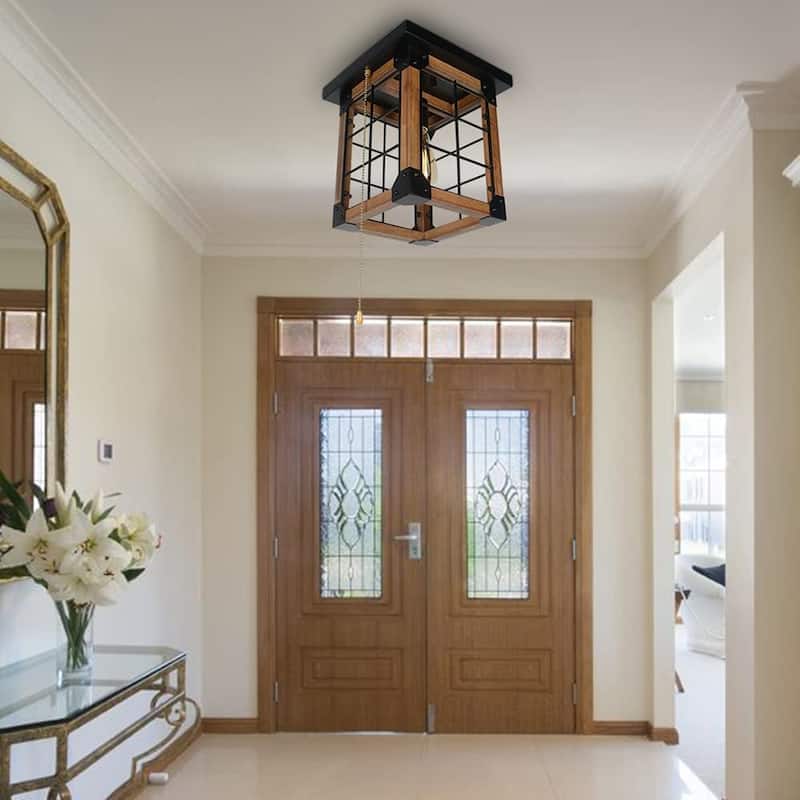 Vintage square wood ceiling lamp farmhouse black flush mount ceiling light fixture