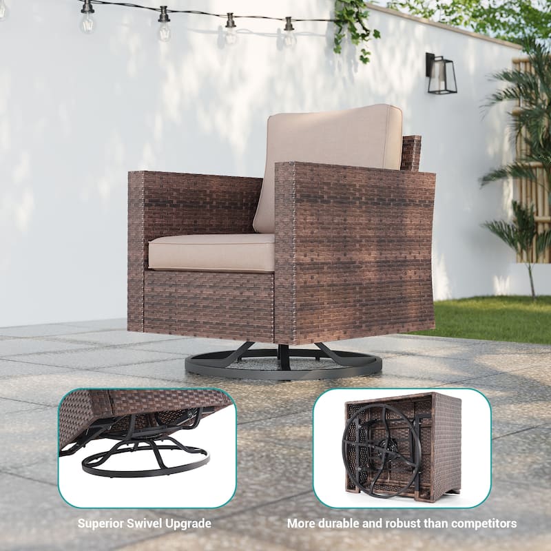 BONOSUKI 3Pcs Patio Swivel Rocking Sofa Set Brown Rattan w/Glass Table
