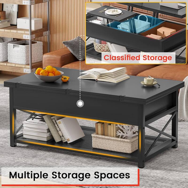 Lift Top Coffee Table Open Storage Shelf & Hidden Classified Storage