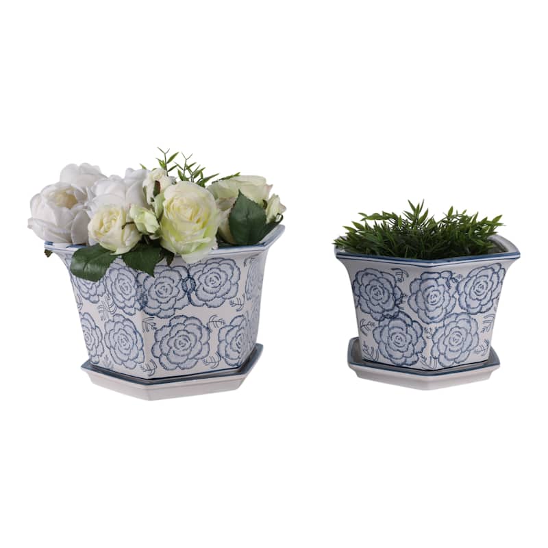 Stoneware Saucer Planters Attached Base for Home Garden (Set of 2)