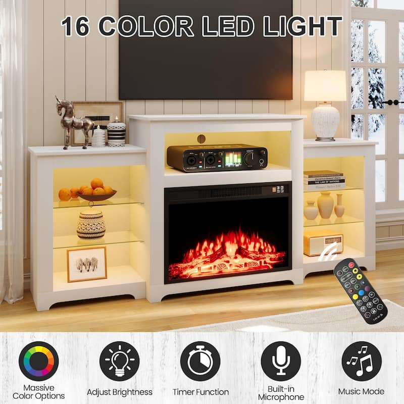 32" H Fireplace TV Stand, 55/70 Inch Media Console for TVs up to 80", Remote, Storage & LED Lights