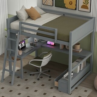 Full Size LED Loft Bed with L-shaped Desk,USB Charging Station,Bench with 2 Drawers for Bedroom