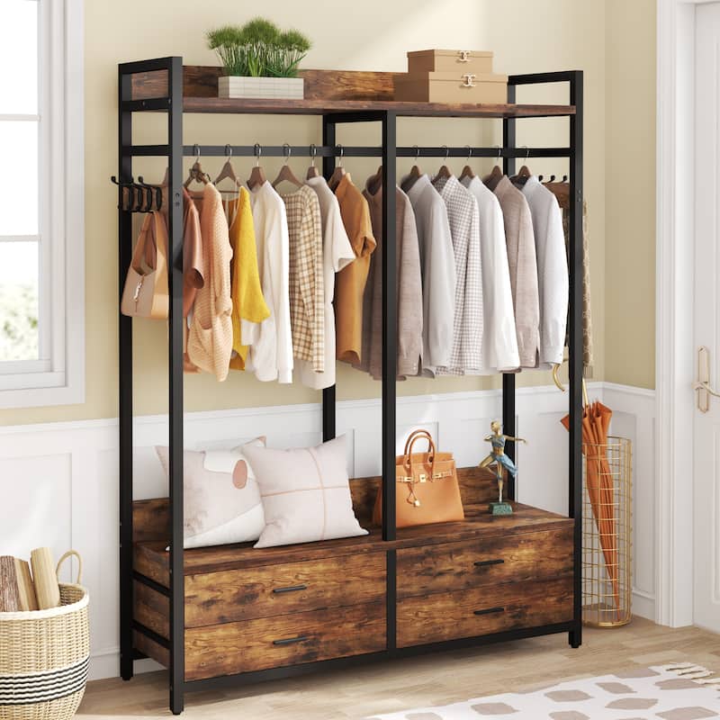 Freestanding Closet Organizer, Clothing Rack with 4 Drawers, 8 Hooks and Storage Shelves - Grey