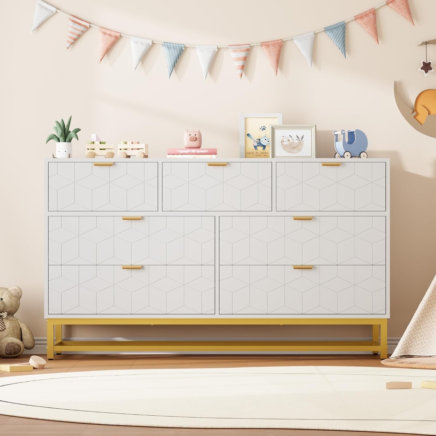 53.5 Inch White 7-Drawer Modern Dresser, Triple Chest, Gold Accents, Long Storage for TV Stand, Closet, Living Room